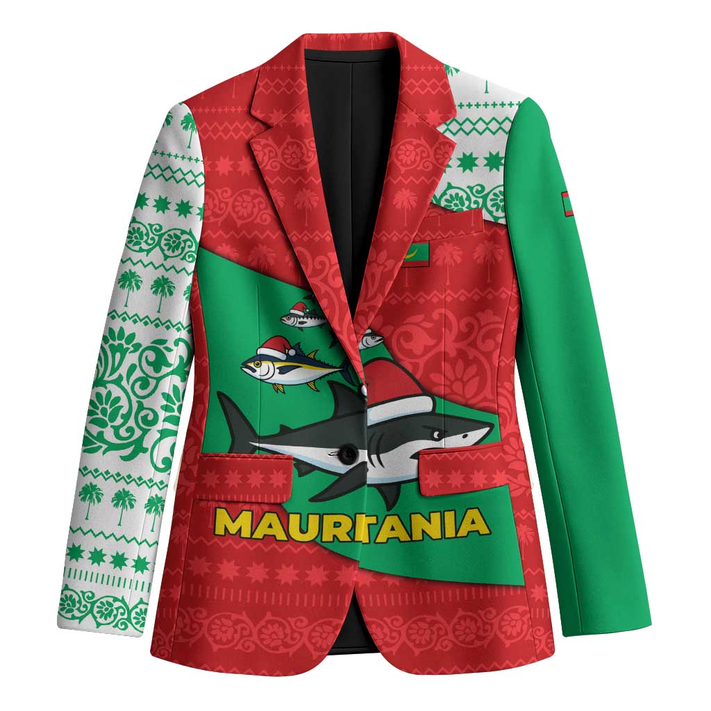 Mauritania Christmas Blazer with Santa Sharks Festive Fish Pattern and Red Green Holiday Design - Wonder Print Shop