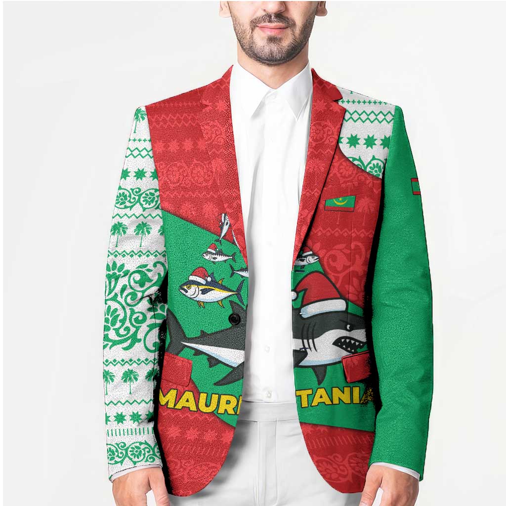 Mauritania Christmas Blazer with Santa Sharks Festive Fish Pattern and Red Green Holiday Design - Wonder Print Shop
