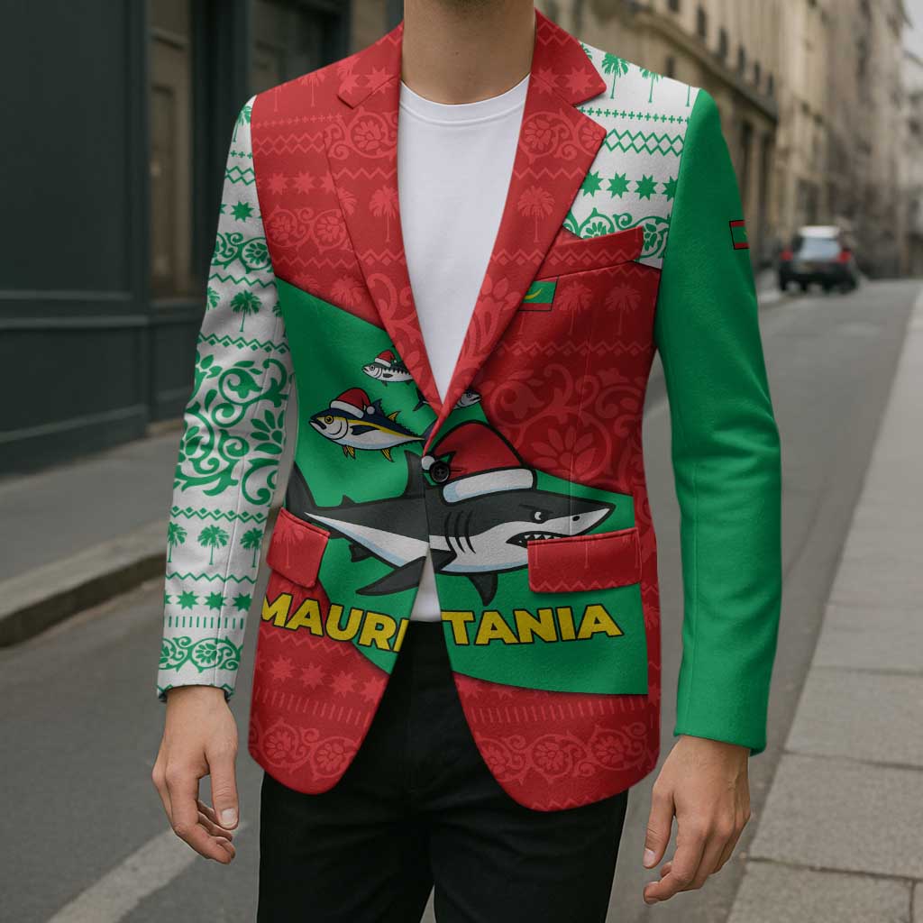 Mauritania Christmas Blazer with Santa Sharks Festive Fish Pattern and Red Green Holiday Design - Wonder Print Shop