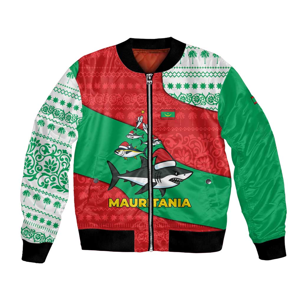 Mauritania Christmas Bomber Jacket with Santa Sharks Festive Fish Pattern and Red Green Holiday Design - Wonder Print Shop