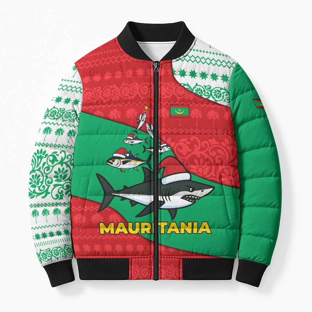 Mauritania Christmas Bomber Puffer Jacket with Santa Sharks Festive Fish Pattern and Red Green Holiday Design - Wonder Print Shop