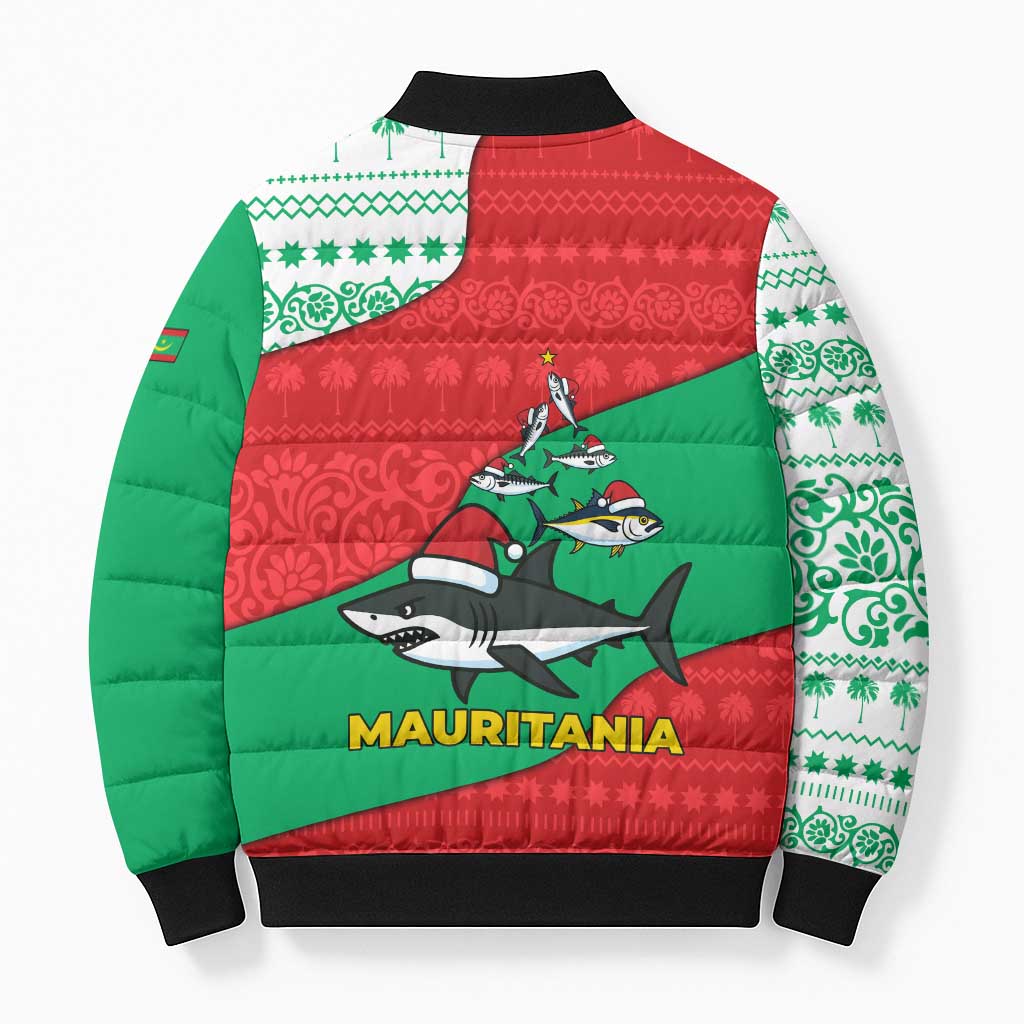 Mauritania Christmas Bomber Puffer Jacket with Santa Sharks Festive Fish Pattern and Red Green Holiday Design - Wonder Print Shop