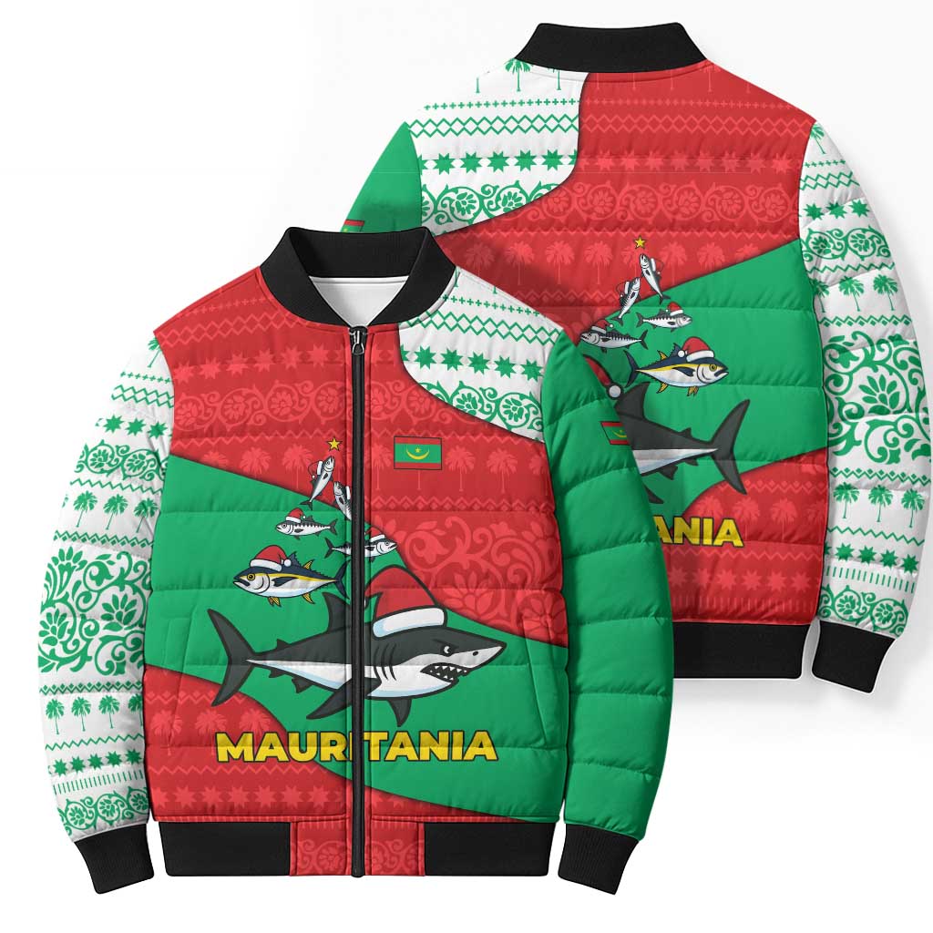 Mauritania Christmas Bomber Puffer Jacket with Santa Sharks Festive Fish Pattern and Red Green Holiday Design - Wonder Print Shop