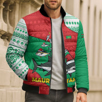 Mauritania Christmas Bomber Puffer Jacket with Santa Sharks Festive Fish Pattern and Red Green Holiday Design - Wonder Print Shop