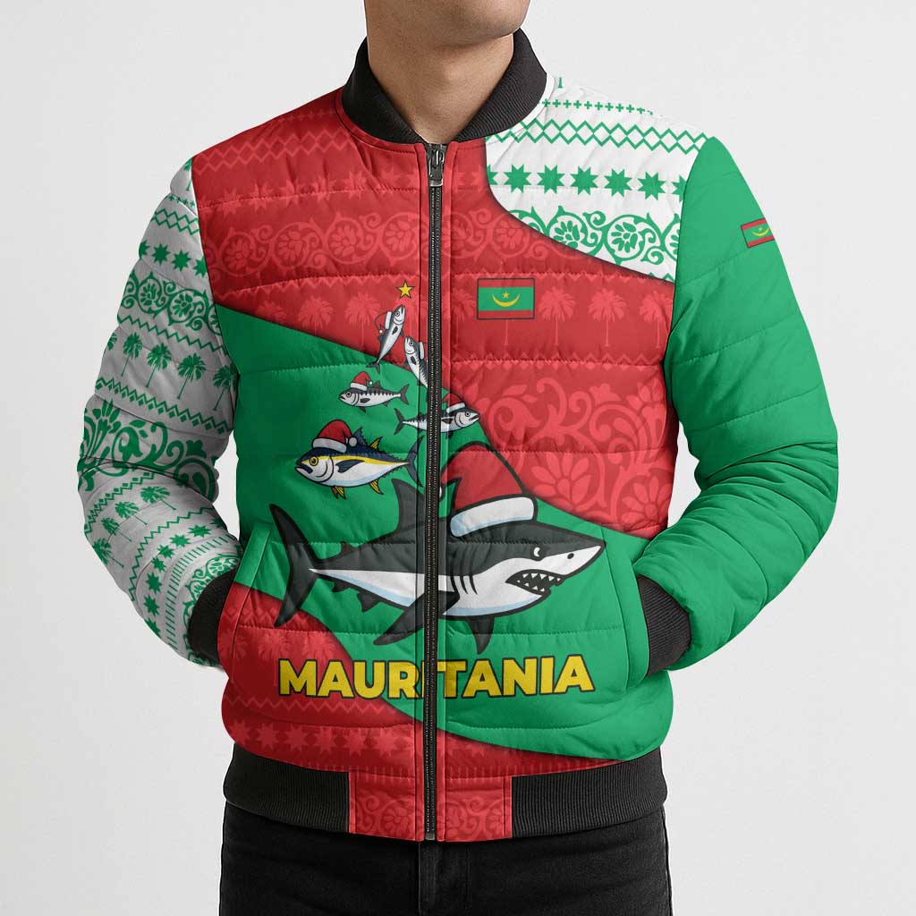 Mauritania Christmas Bomber Puffer Jacket with Santa Sharks Festive Fish Pattern and Red Green Holiday Design - Wonder Print Shop