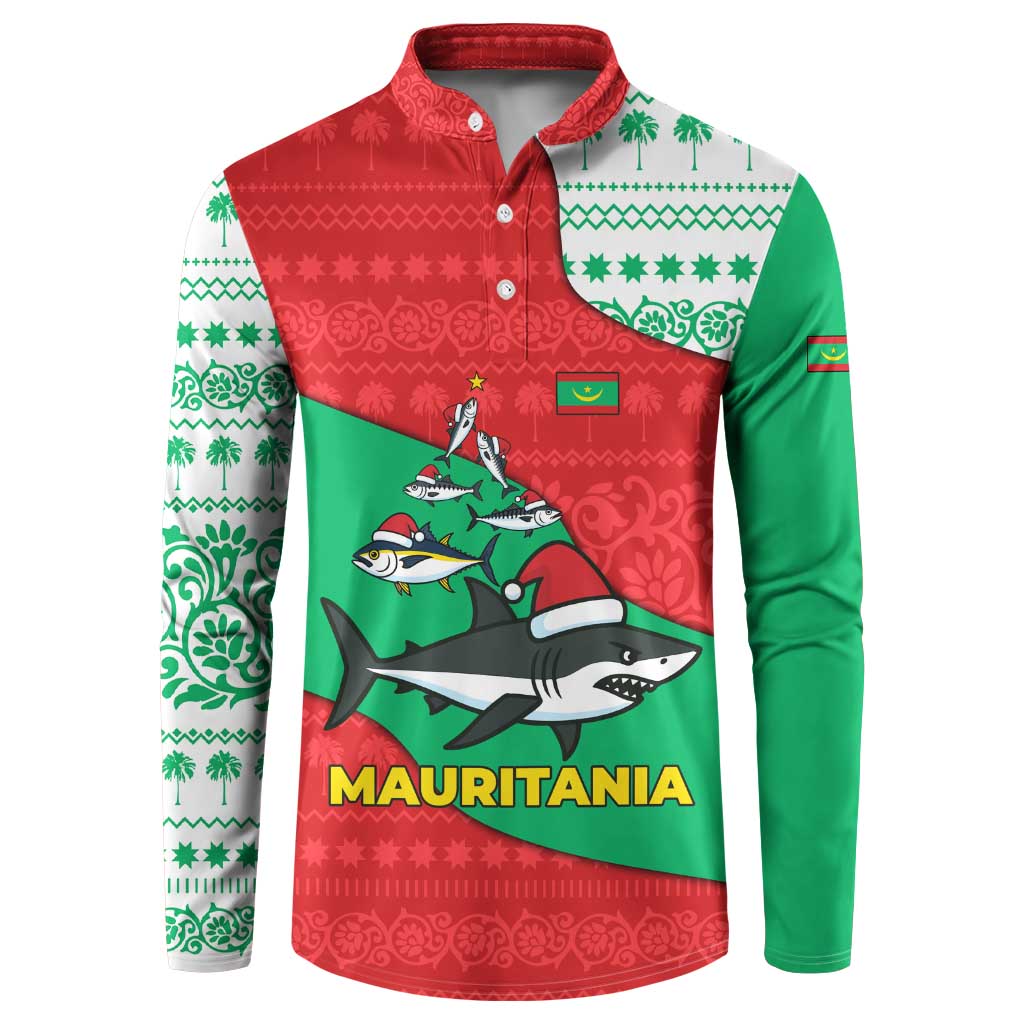 Mauritania Christmas Button Sweatshirt with Santa Sharks Festive Fish Pattern and Red Green Holiday Design - Wonder Print Shop