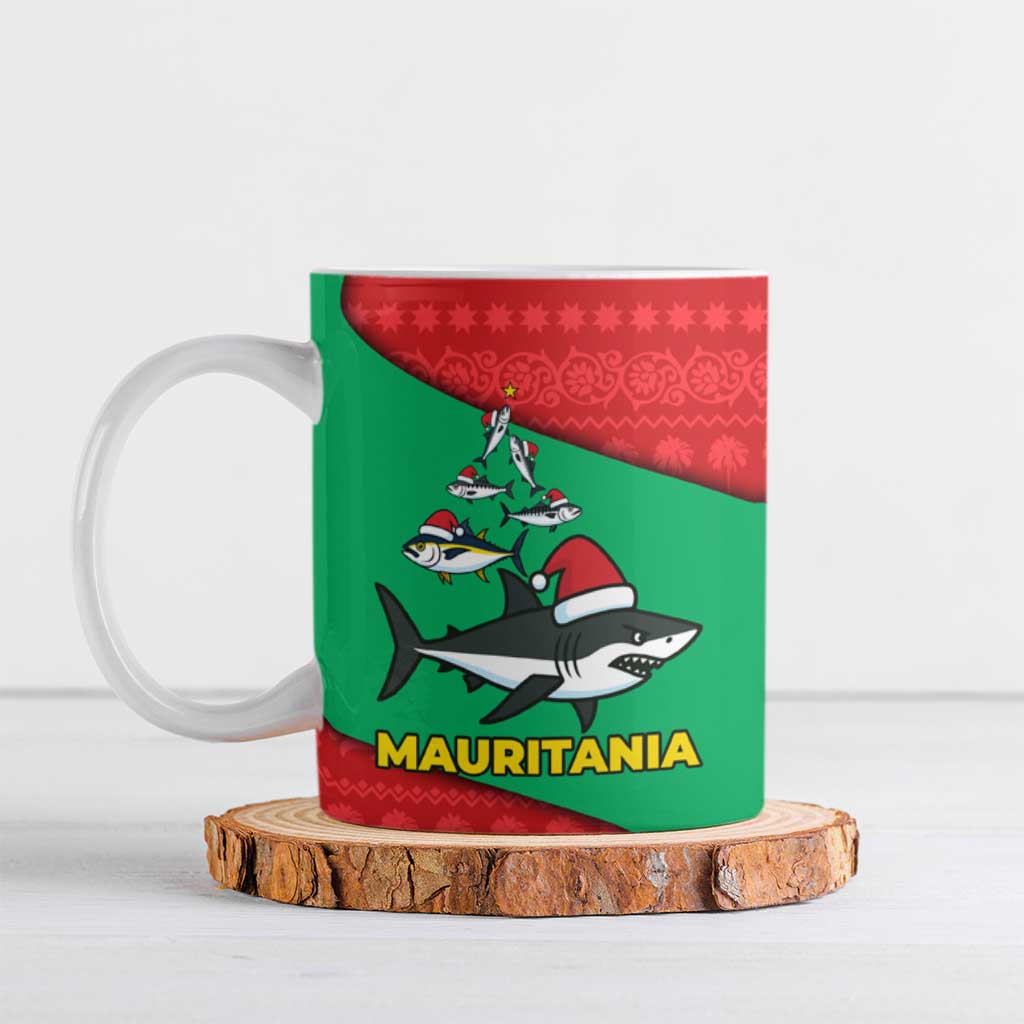 Mauritania Christmas Ceramic Mug with Santa Sharks Festive Fish Pattern and Red Green Holiday Design - Wonder Print Shop