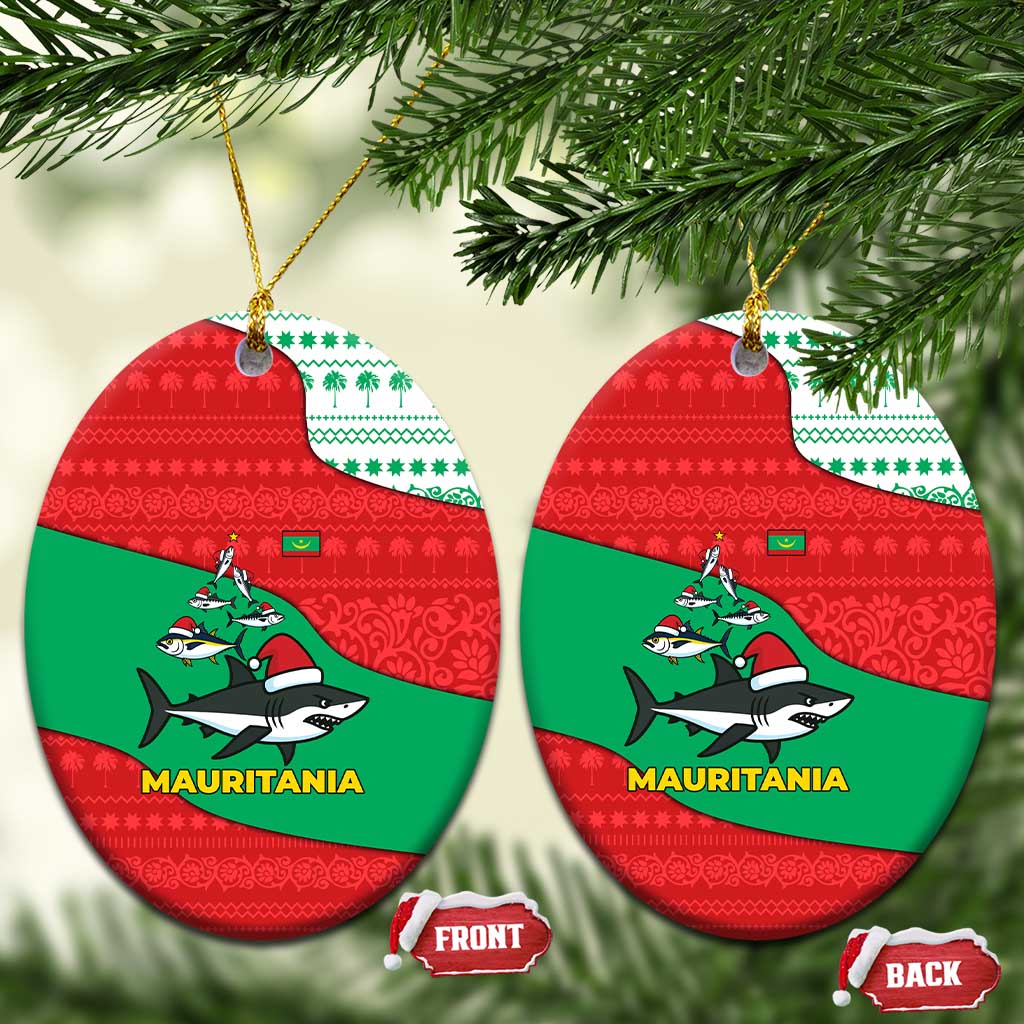 Mauritania Christmas Ceramic Ornament with Santa Sharks Festive Fish Pattern and Red Green Holiday Design - Wonder Print Shop