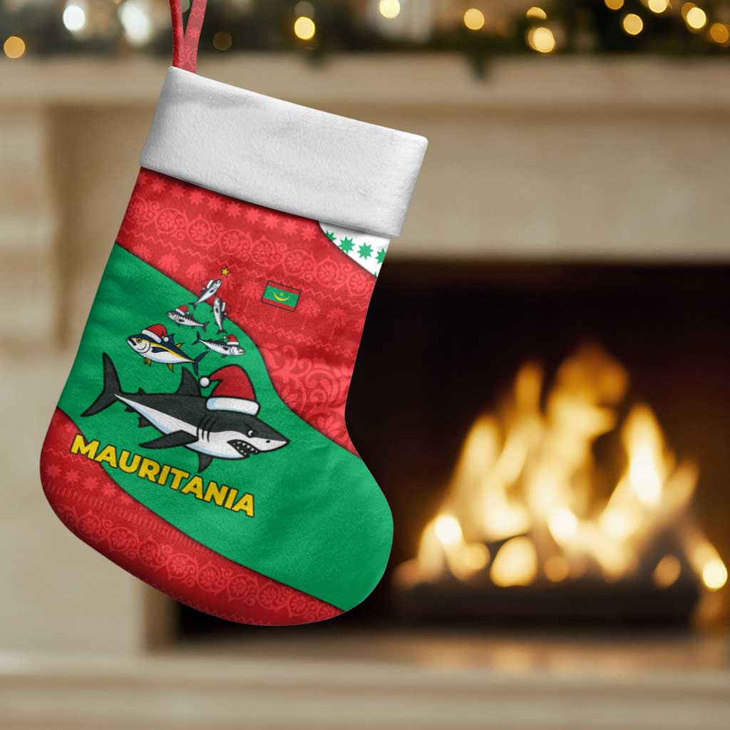 Mauritania Christmas Stocking with Santa Sharks Festive Fish Pattern and Red Green Holiday Design - Wonder Print Shop