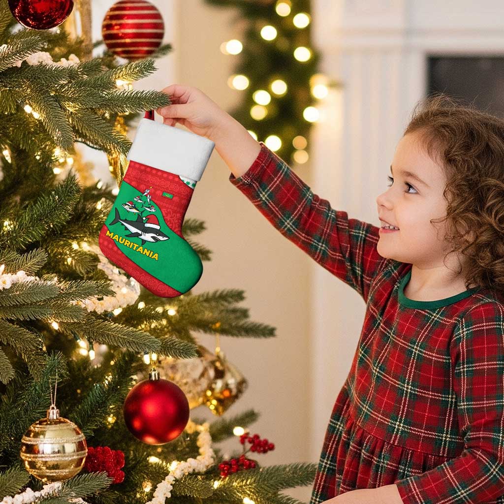 Mauritania Christmas Stocking with Santa Sharks Festive Fish Pattern and Red Green Holiday Design - Wonder Print Shop