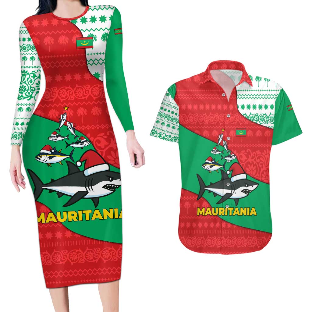 Mauritania Christmas Couples Matching Long Sleeve Bodycon Dress and Hawaiian Shirt with Santa Sharks Festive Fish Pattern and Red Green Holiday Design - Wonder Print Shop