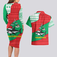 Mauritania Christmas Couples Matching Long Sleeve Bodycon Dress and Hawaiian Shirt with Santa Sharks Festive Fish Pattern and Red Green Holiday Design - Wonder Print Shop