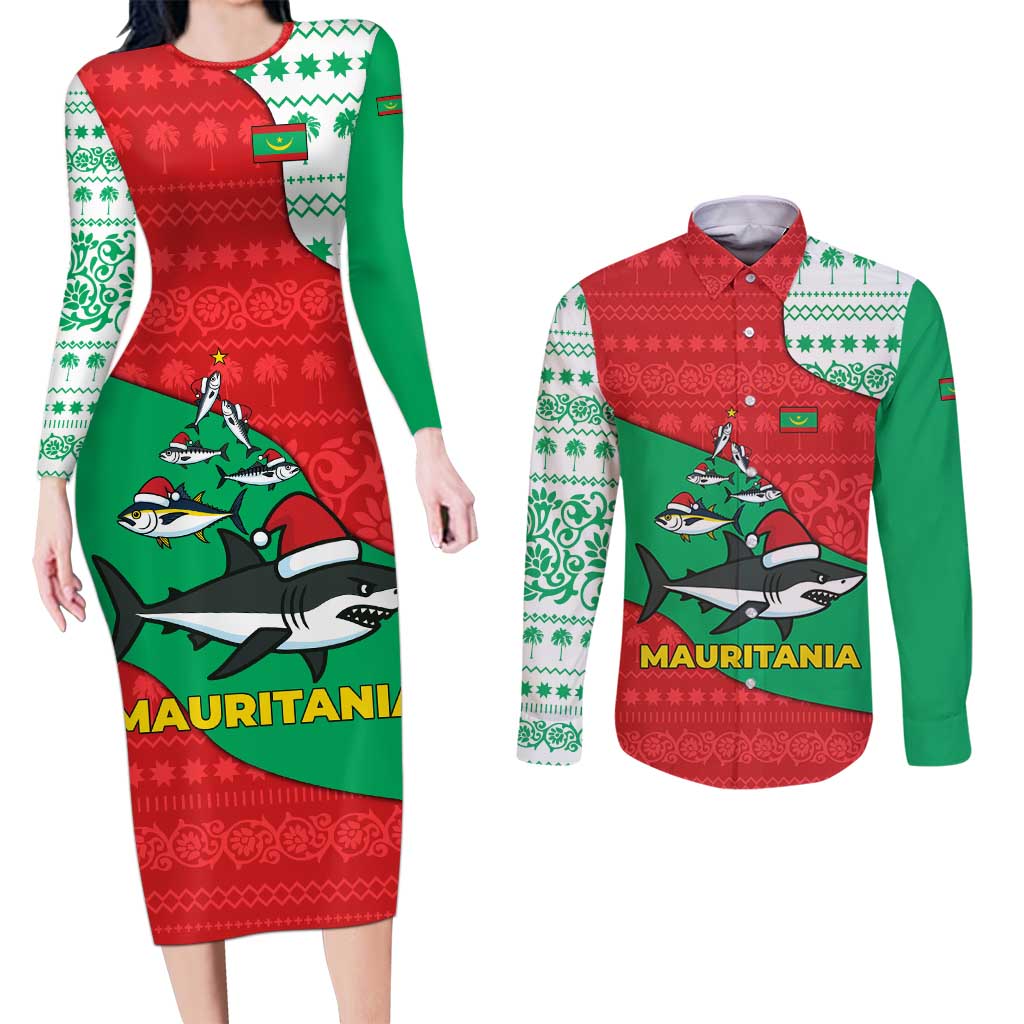 Mauritania Christmas Couples Matching Long Sleeve Bodycon Dress and Long Sleeve Button Shirt with Santa Sharks Festive Fish Pattern and Red Green Holiday Design - Wonder Print Shop