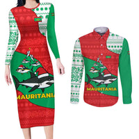 Mauritania Christmas Couples Matching Long Sleeve Bodycon Dress and Long Sleeve Button Shirt with Santa Sharks Festive Fish Pattern and Red Green Holiday Design - Wonder Print Shop