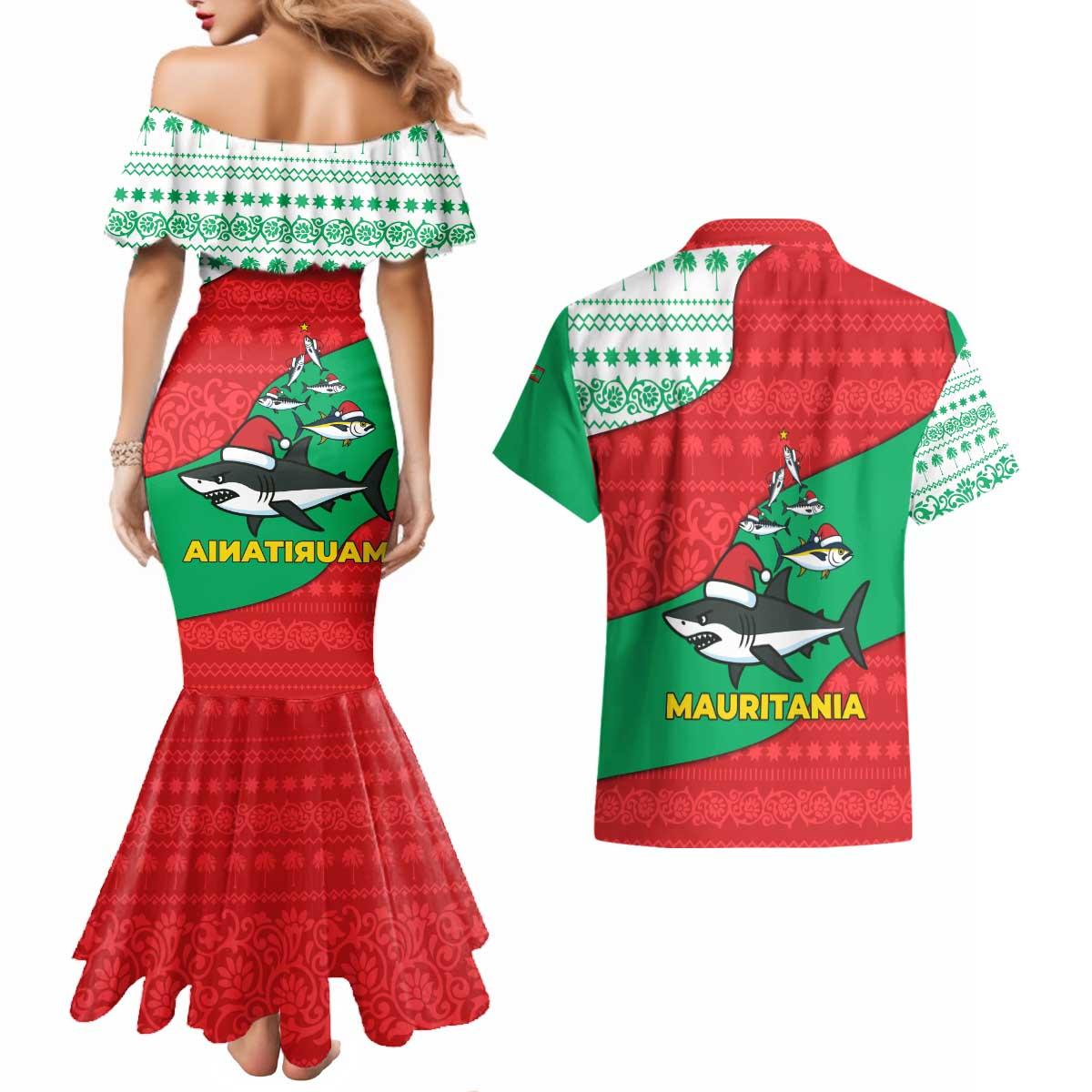 Mauritania Christmas Couples Matching Mermaid Dress and Hawaiian Shirt with Santa Sharks Festive Fish Pattern and Red Green Holiday Design - Wonder Print Shop