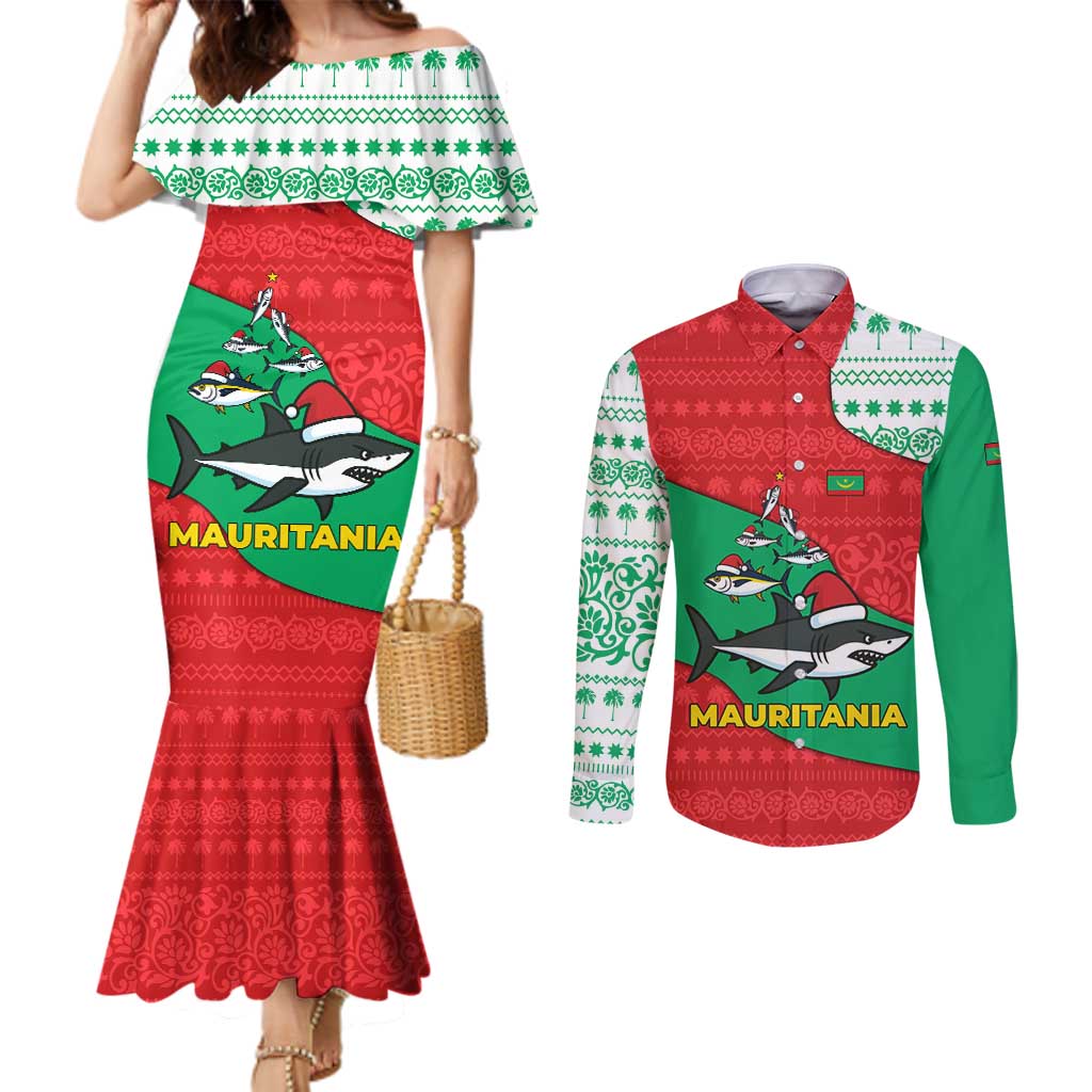 Mauritania Christmas Couples Matching Mermaid Dress and Long Sleeve Button Shirt with Santa Sharks Festive Fish Pattern and Red Green Holiday Design - Wonder Print Shop