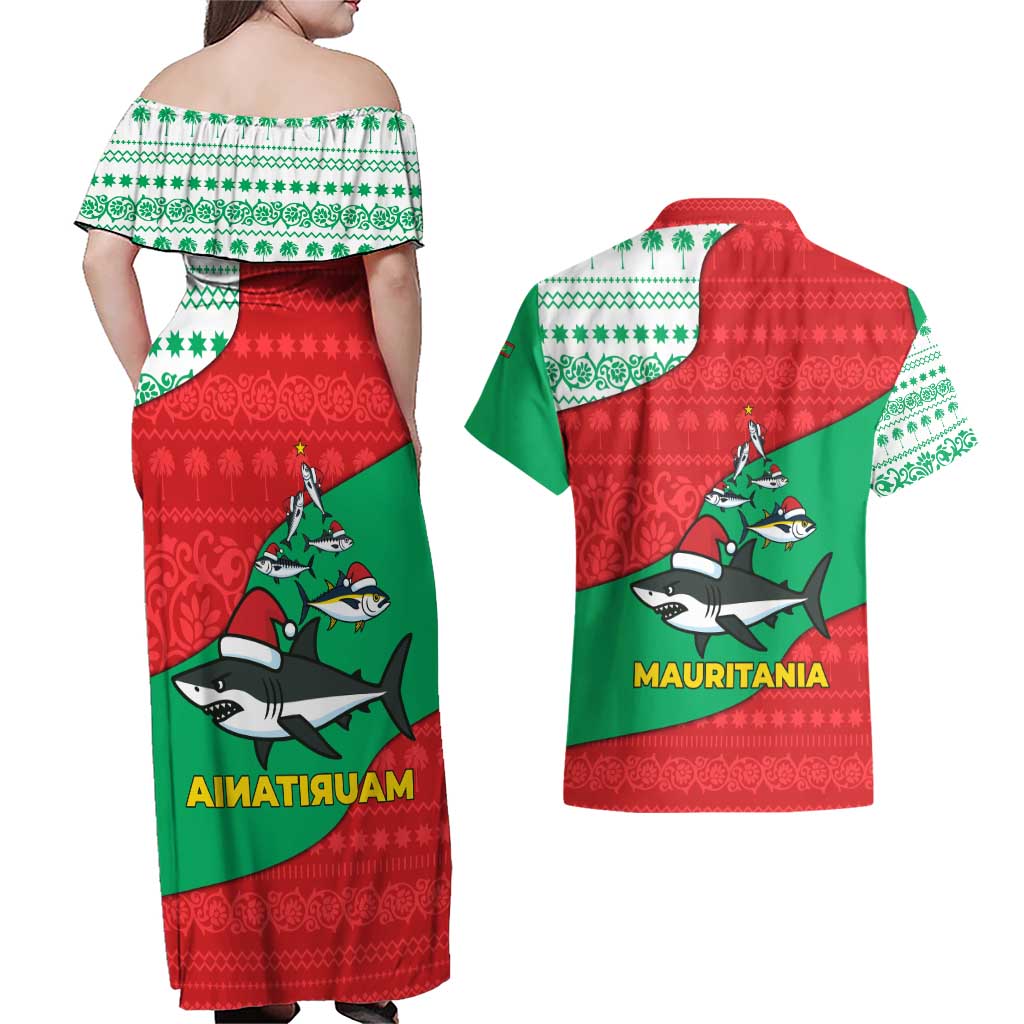 Mauritania Christmas Couples Matching Off Shoulder Maxi Dress and Hawaiian Shirt with Santa Sharks Festive Fish Pattern and Red Green Holiday Design - Wonder Print Shop