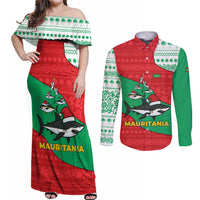 Mauritania Christmas Couples Matching Off Shoulder Maxi Dress and Long Sleeve Button Shirt with Santa Sharks Festive Fish Pattern and Red Green Holiday Design - Wonder Print Shop
