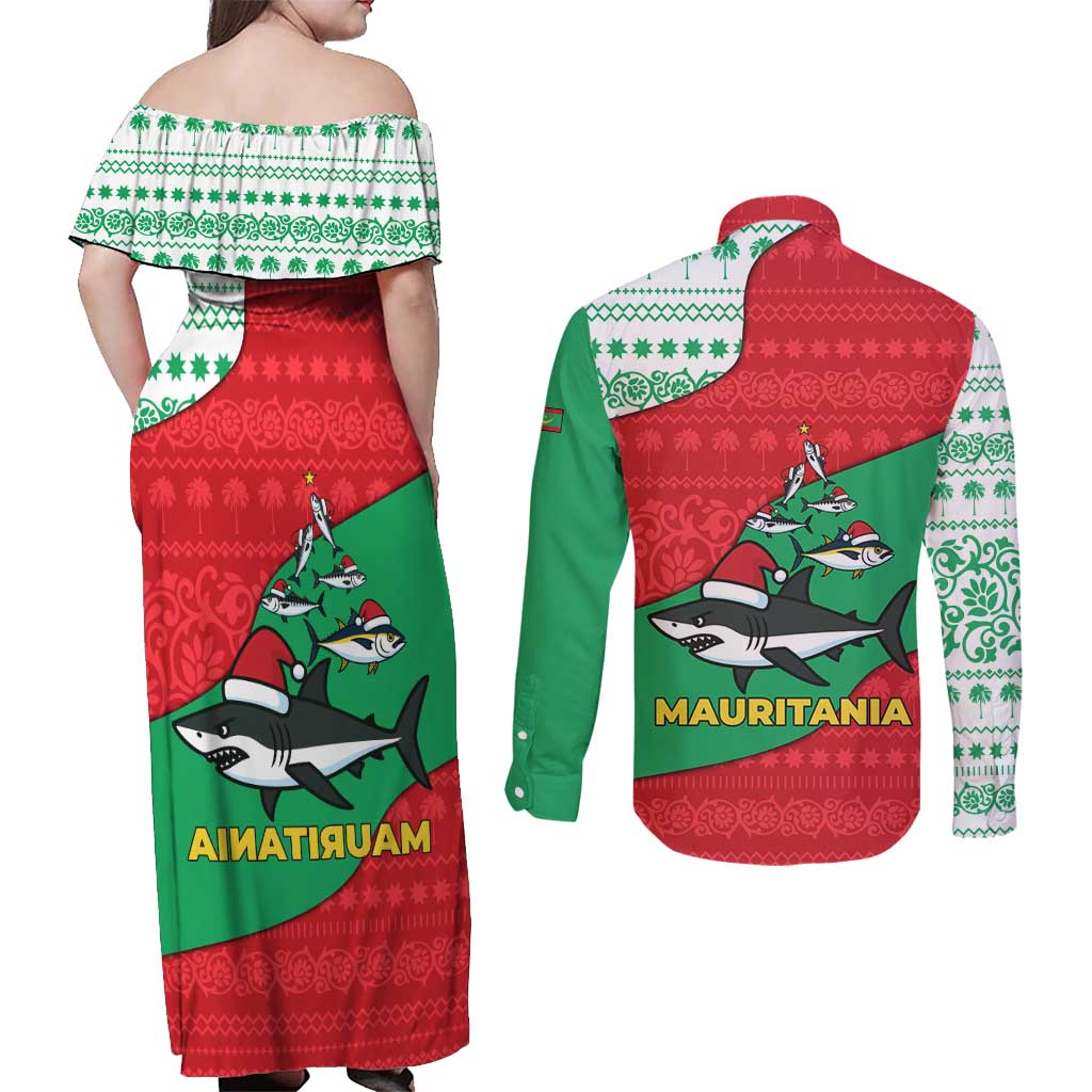 Mauritania Christmas Couples Matching Off Shoulder Maxi Dress and Long Sleeve Button Shirt with Santa Sharks Festive Fish Pattern and Red Green Holiday Design - Wonder Print Shop