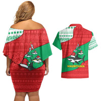 Mauritania Christmas Couples Matching Off Shoulder Short Dress and Hawaiian Shirt with Santa Sharks Festive Fish Pattern and Red Green Holiday Design - Wonder Print Shop