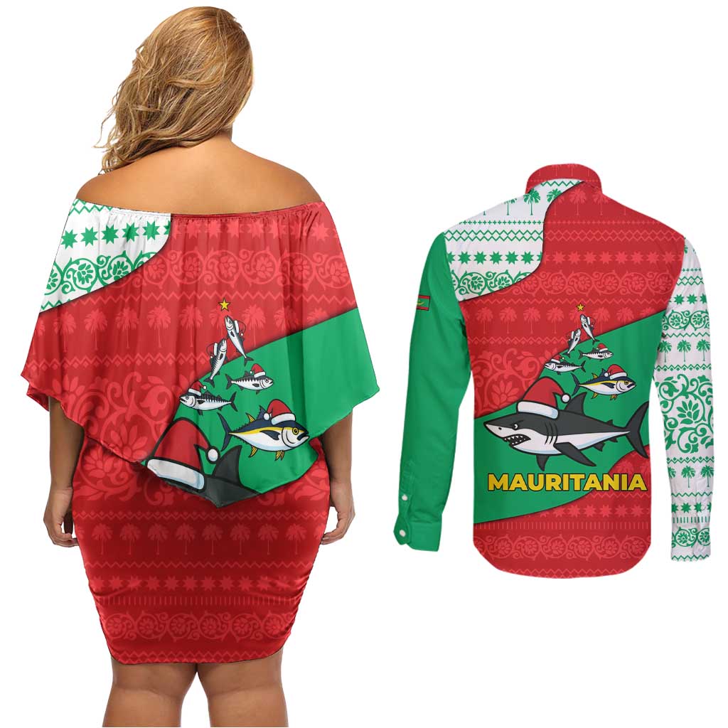 Mauritania Christmas Couples Matching Off Shoulder Short Dress and Long Sleeve Button Shirt with Santa Sharks Festive Fish Pattern and Red Green Holiday Design - Wonder Print Shop