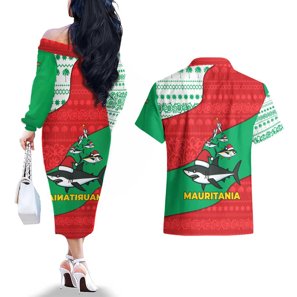 Mauritania Christmas Couples Matching Off The Shoulder Long Sleeve Dress and Hawaiian Shirt with Santa Sharks Festive Fish Pattern and Red Green Holiday Design - Wonder Print Shop