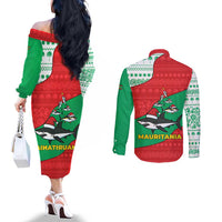 Mauritania Christmas Couples Matching Off The Shoulder Long Sleeve Dress and Long Sleeve Button Shirt with Santa Sharks Festive Fish Pattern and Red Green Holiday Design - Wonder Print Shop