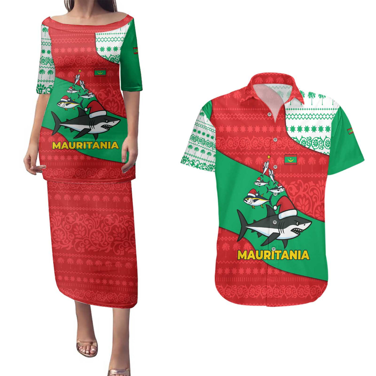 Mauritania Christmas Couples Matching Puletasi and Hawaiian Shirt with Santa Sharks Festive Fish Pattern and Red Green Holiday Design - Wonder Print Shop