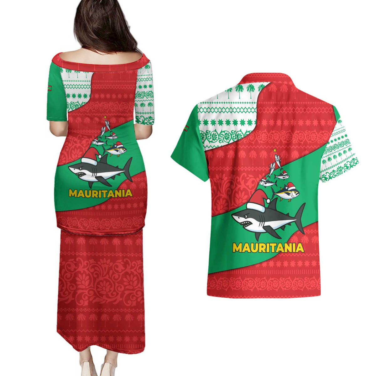 Mauritania Christmas Couples Matching Puletasi and Hawaiian Shirt with Santa Sharks Festive Fish Pattern and Red Green Holiday Design - Wonder Print Shop