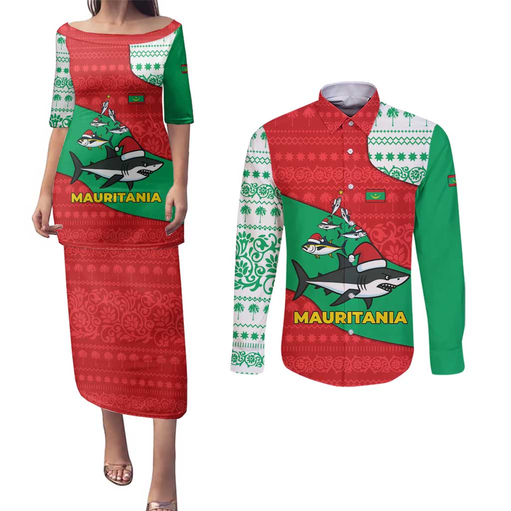 Mauritania Christmas Couples Matching Puletasi and Long Sleeve Button Shirt with Santa Sharks Festive Fish Pattern and Red Green Holiday Design - Wonder Print Shop