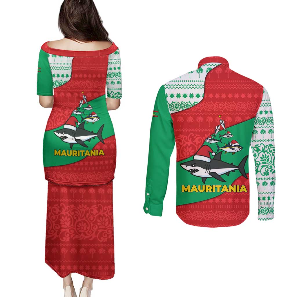 Mauritania Christmas Couples Matching Puletasi and Long Sleeve Button Shirt with Santa Sharks Festive Fish Pattern and Red Green Holiday Design - Wonder Print Shop