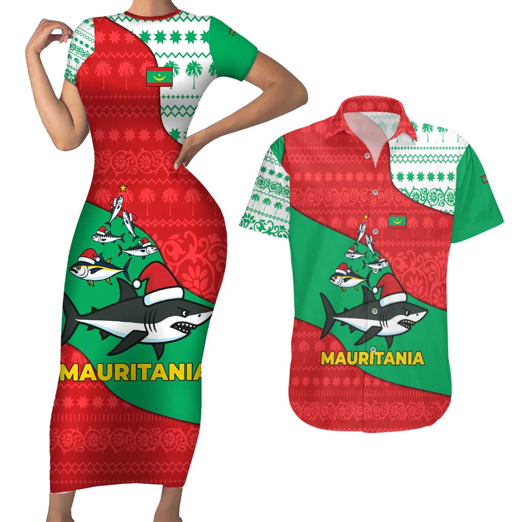 Mauritania Christmas Couples Matching Short Sleeve Bodycon Dress and Hawaiian Shirt with Santa Sharks Festive Fish Pattern and Red Green Holiday Design - Wonder Print Shop