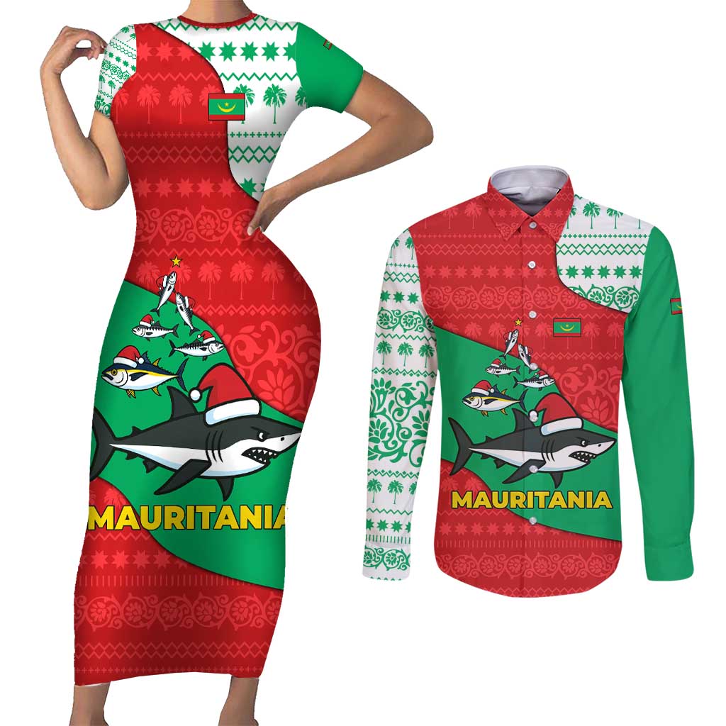 Mauritania Christmas Couples Matching Short Sleeve Bodycon Dress and Long Sleeve Button Shirt with Santa Sharks Festive Fish Pattern and Red Green Holiday Design - Wonder Print Shop