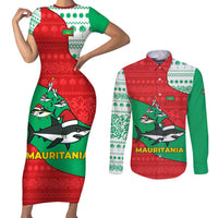 Mauritania Christmas Couples Matching Short Sleeve Bodycon Dress and Long Sleeve Button Shirt with Santa Sharks Festive Fish Pattern and Red Green Holiday Design - Wonder Print Shop