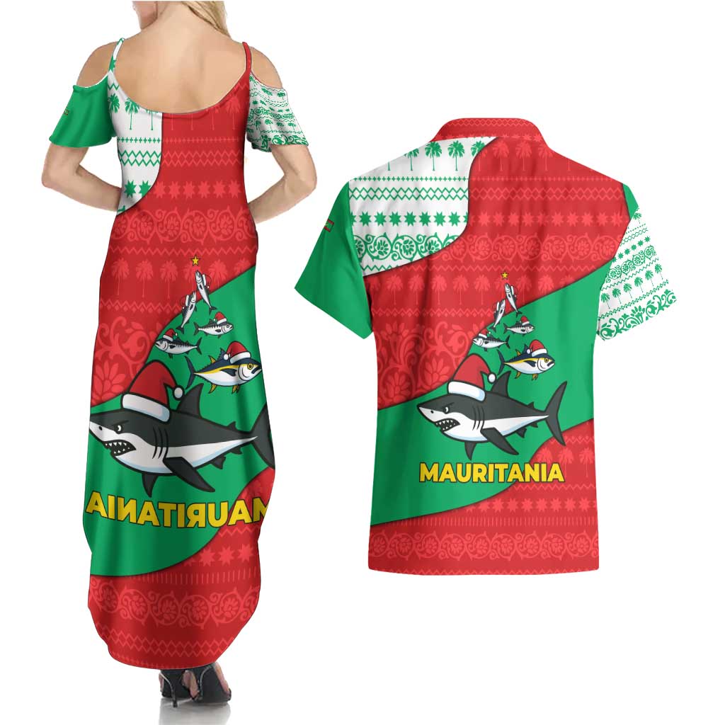 Mauritania Christmas Couples Matching Summer Maxi Dress and Hawaiian Shirt with Santa Sharks Festive Fish Pattern and Red Green Holiday Design - Wonder Print Shop