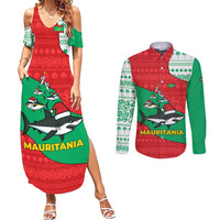 Mauritania Christmas Couples Matching Summer Maxi Dress and Long Sleeve Button Shirt with Santa Sharks Festive Fish Pattern and Red Green Holiday Design - Wonder Print Shop