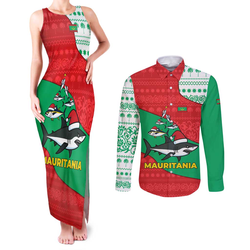 Mauritania Christmas Couples Matching Tank Maxi Dress and Long Sleeve Button Shirt with Santa Sharks Festive Fish Pattern and Red Green Holiday Design - Wonder Print Shop