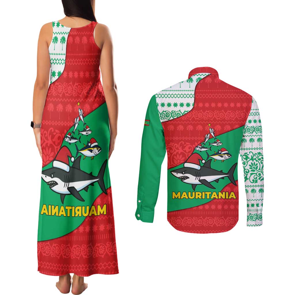 Mauritania Christmas Couples Matching Tank Maxi Dress and Long Sleeve Button Shirt with Santa Sharks Festive Fish Pattern and Red Green Holiday Design - Wonder Print Shop