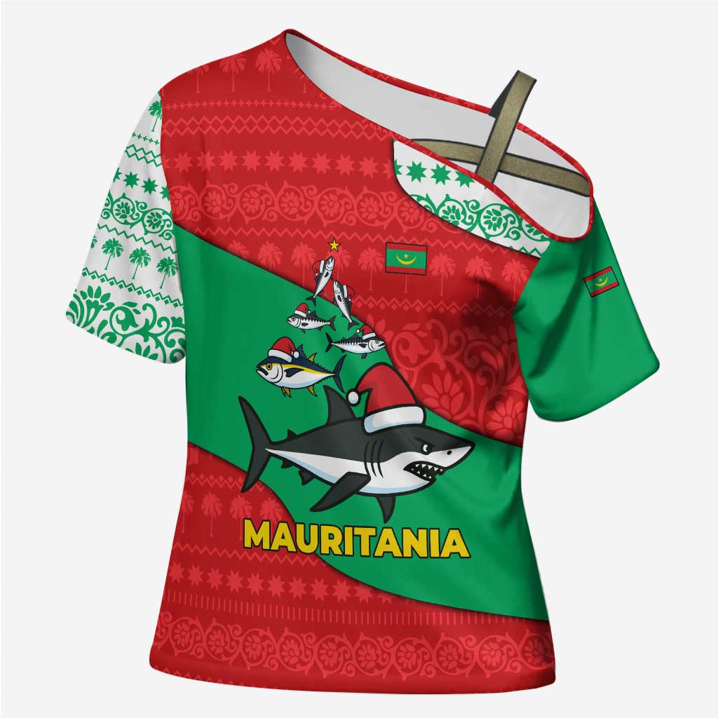 Mauritania Christmas Cross Shoulder Shirt with Santa Sharks Festive Fish Pattern and Red Green Holiday Design - Wonder Print Shop