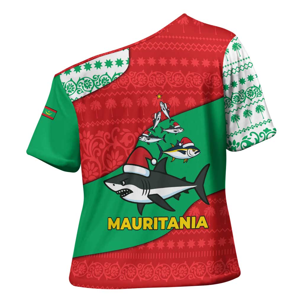 Mauritania Christmas Cross Shoulder Shirt with Santa Sharks Festive Fish Pattern and Red Green Holiday Design - Wonder Print Shop