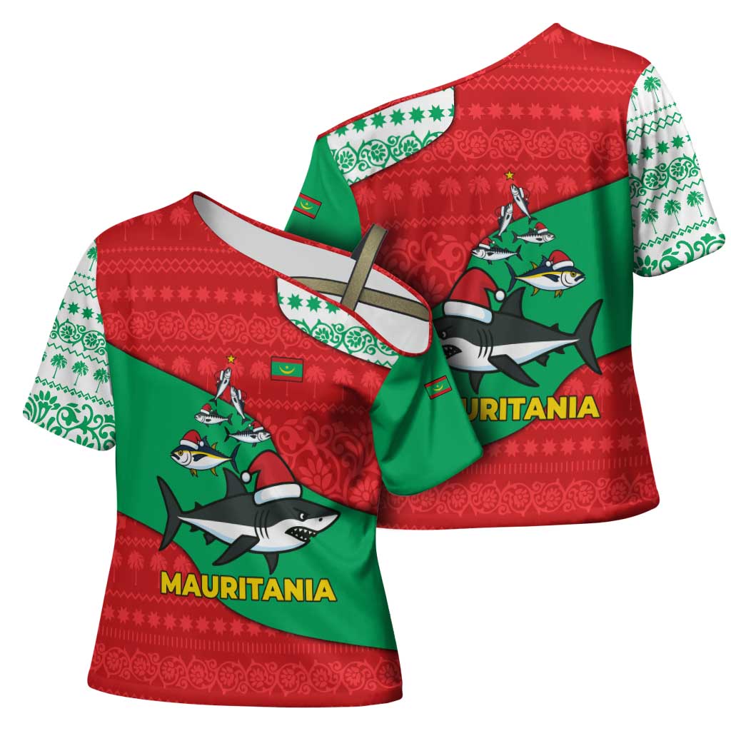 Mauritania Christmas Cross Shoulder Shirt with Santa Sharks Festive Fish Pattern and Red Green Holiday Design - Wonder Print Shop