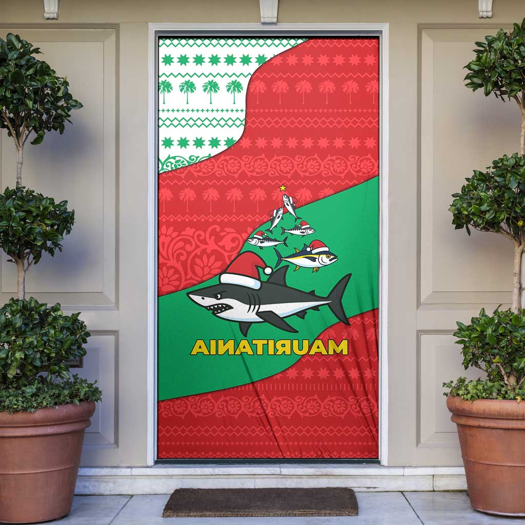 Mauritania Christmas Door Cover with Santa Sharks Festive Fish Pattern and Red Green Holiday Design - Wonder Print Shop