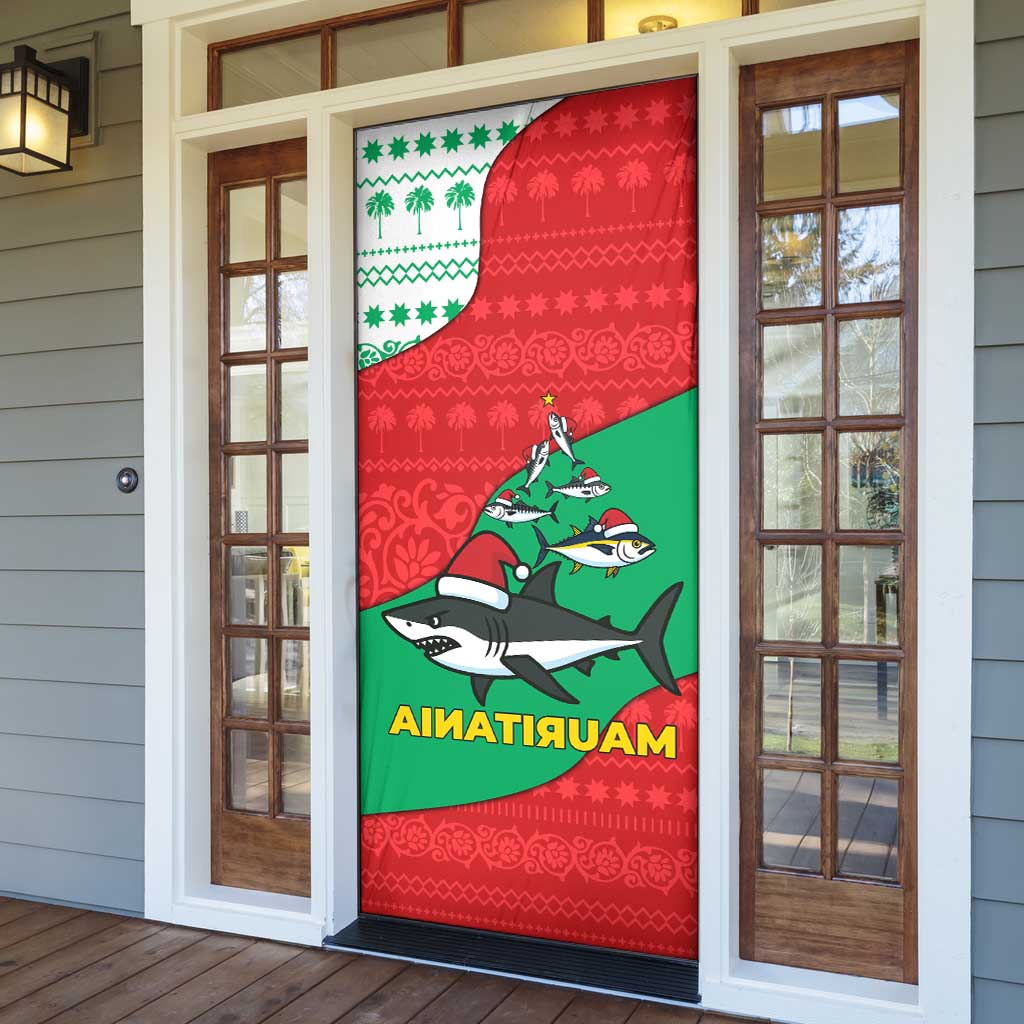 Mauritania Christmas Door Cover with Santa Sharks Festive Fish Pattern and Red Green Holiday Design - Wonder Print Shop