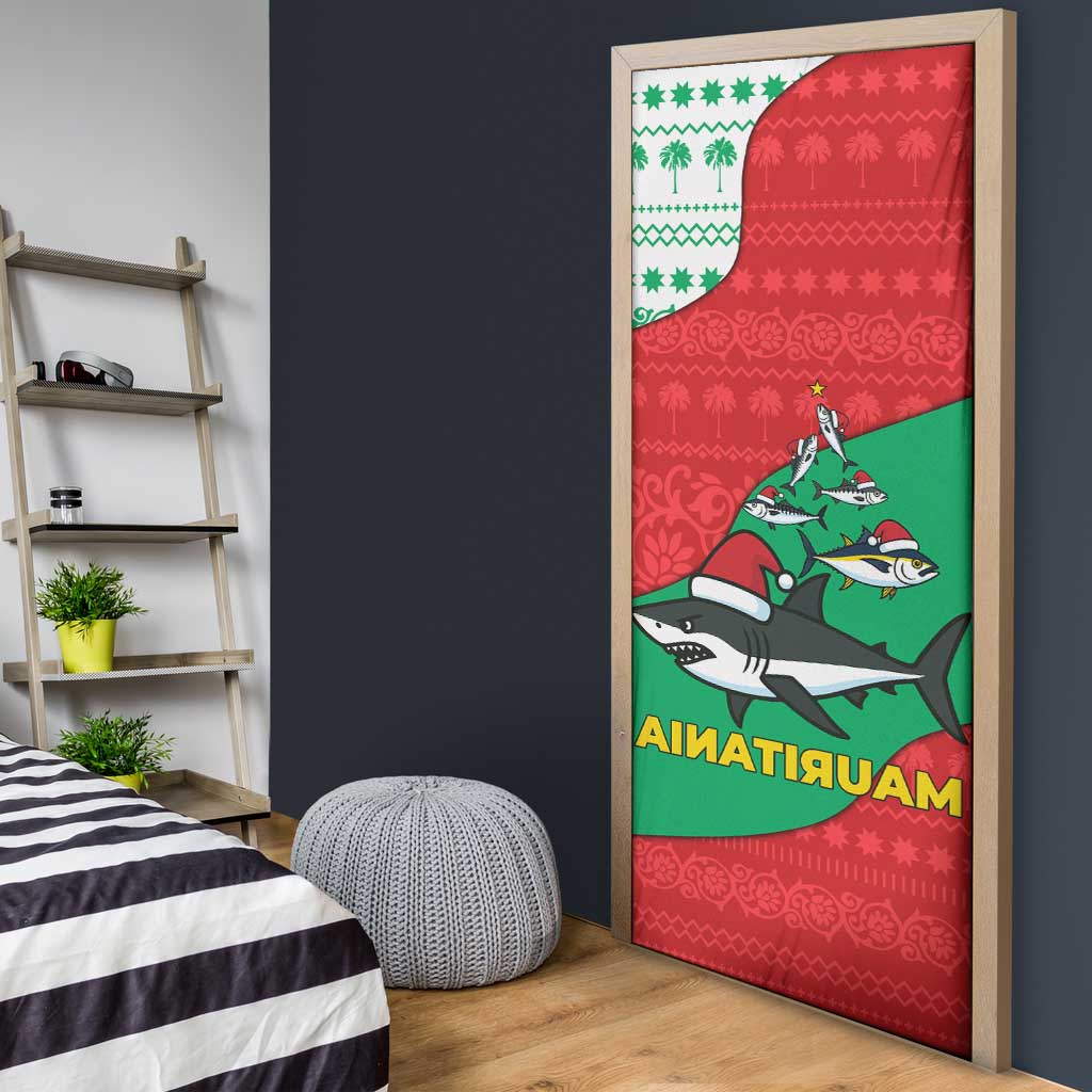 Mauritania Christmas Door Cover with Santa Sharks Festive Fish Pattern and Red Green Holiday Design - Wonder Print Shop