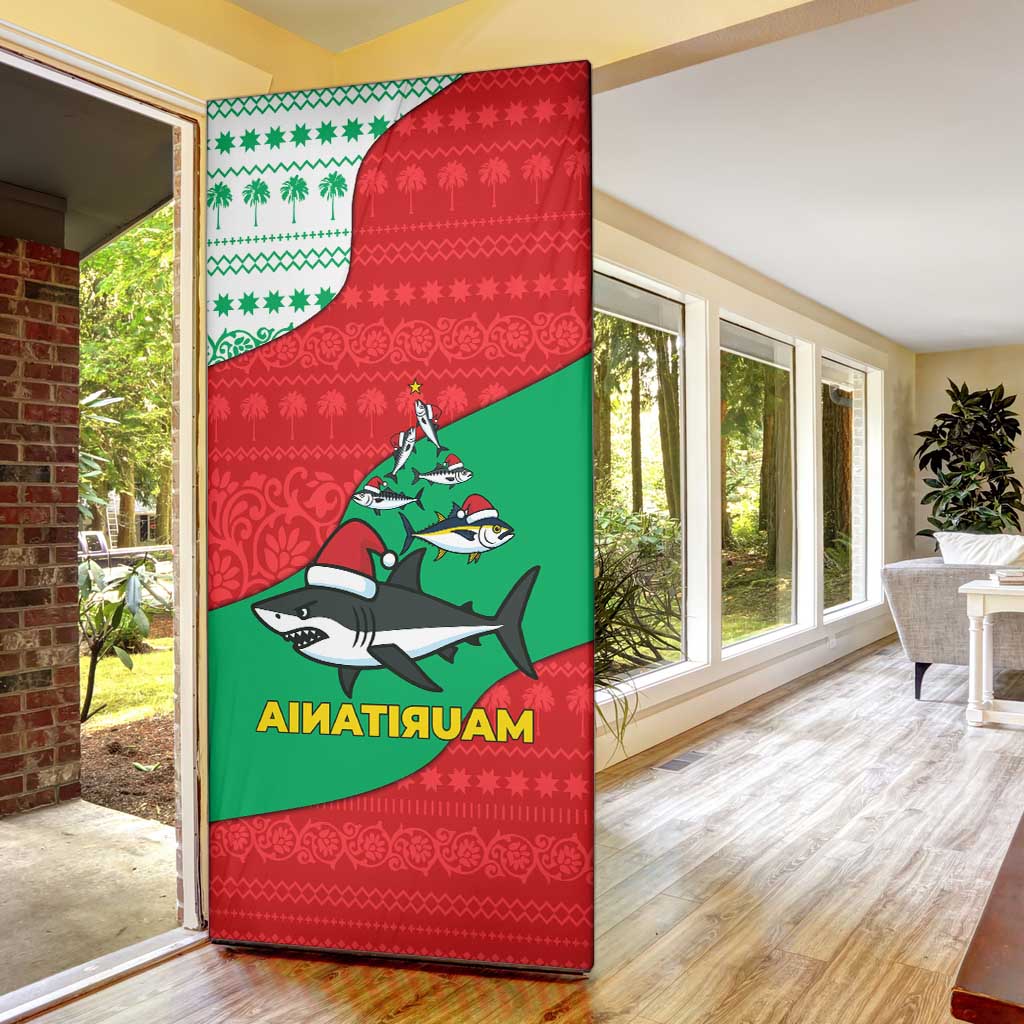 Mauritania Christmas Door Cover with Santa Sharks Festive Fish Pattern and Red Green Holiday Design - Wonder Print Shop