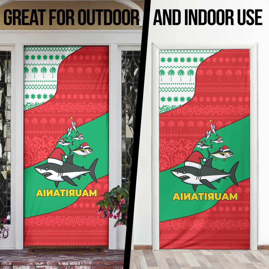 Mauritania Christmas Door Cover with Santa Sharks Festive Fish Pattern and Red Green Holiday Design - Wonder Print Shop