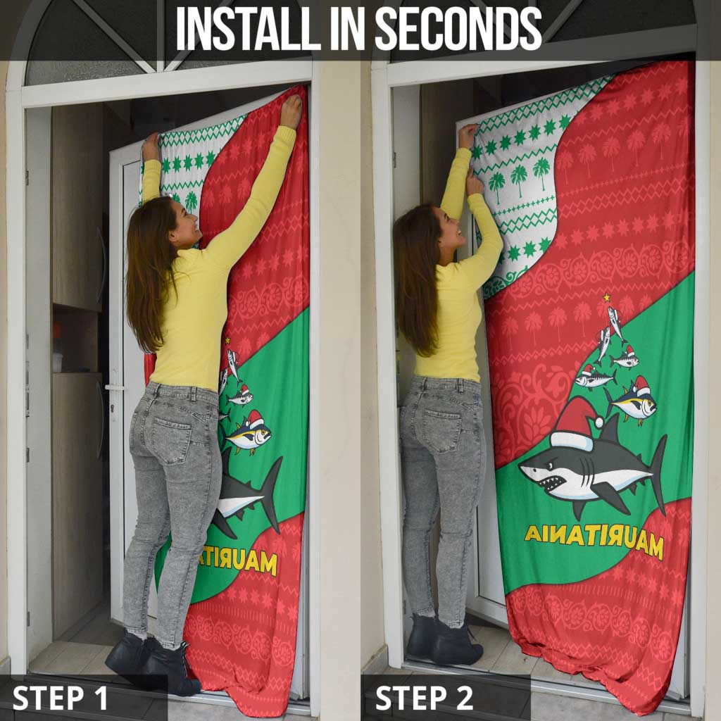 Mauritania Christmas Door Cover with Santa Sharks Festive Fish Pattern and Red Green Holiday Design - Wonder Print Shop