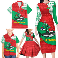 Mauritania Christmas Family Matching Long Sleeve Bodycon Dress and Hawaiian Shirt with Santa Sharks Festive Fish Pattern and Red Green Holiday Design - Wonder Print Shop