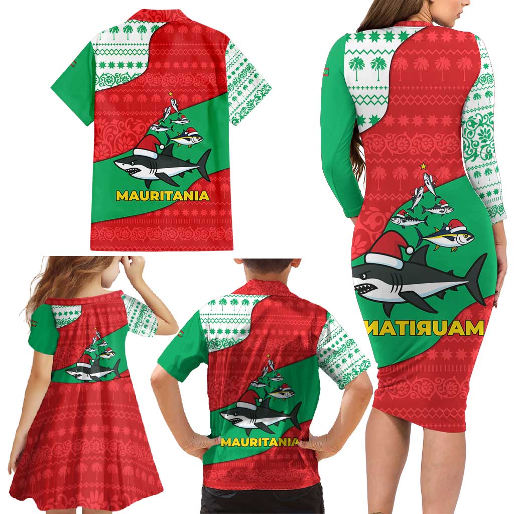 Mauritania Christmas Family Matching Long Sleeve Bodycon Dress and Hawaiian Shirt with Santa Sharks Festive Fish Pattern and Red Green Holiday Design - Wonder Print Shop