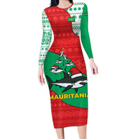 Mauritania Christmas Family Matching Long Sleeve Bodycon Dress and Hawaiian Shirt with Santa Sharks Festive Fish Pattern and Red Green Holiday Design - Wonder Print Shop